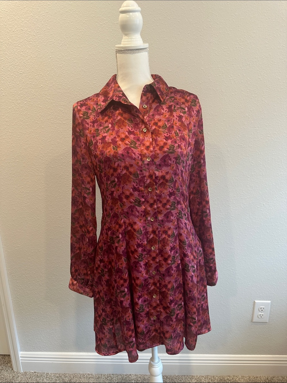 Zara Long-Sleeve Floral Button-Front Dress in Berry and Purple